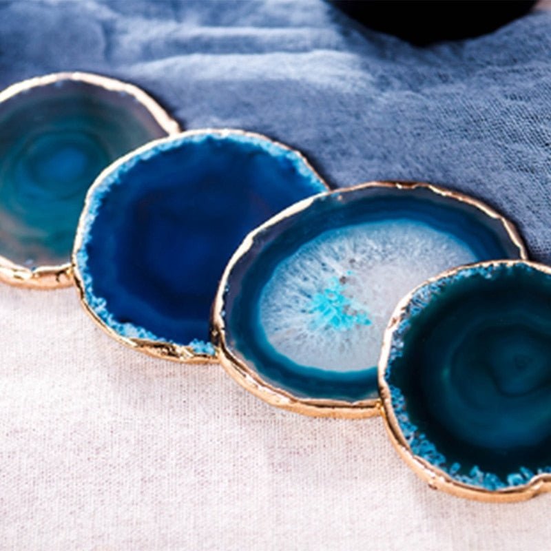 Luxury Blue Agate Coaster Set with Gold Accents – Unique Stone Coasters for Home Decor, 2 Piece 3