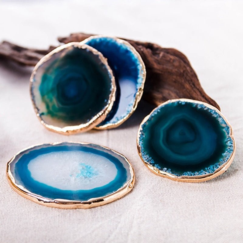 Luxury Blue Agate Coaster Set with Gold Accents – Unique Stone Coasters for Home Decor, 2 Piece 4