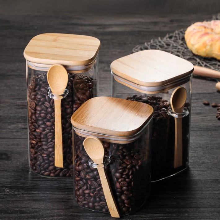 Luxury Glass Coffee Storage Jar with Wooden Lid and Spoon – 3 Sizes Available 0