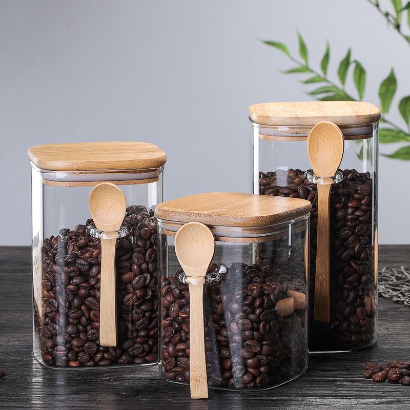 Luxury Glass Coffee Storage Jar with Wooden Lid and Spoon – 3 Sizes Available 1
