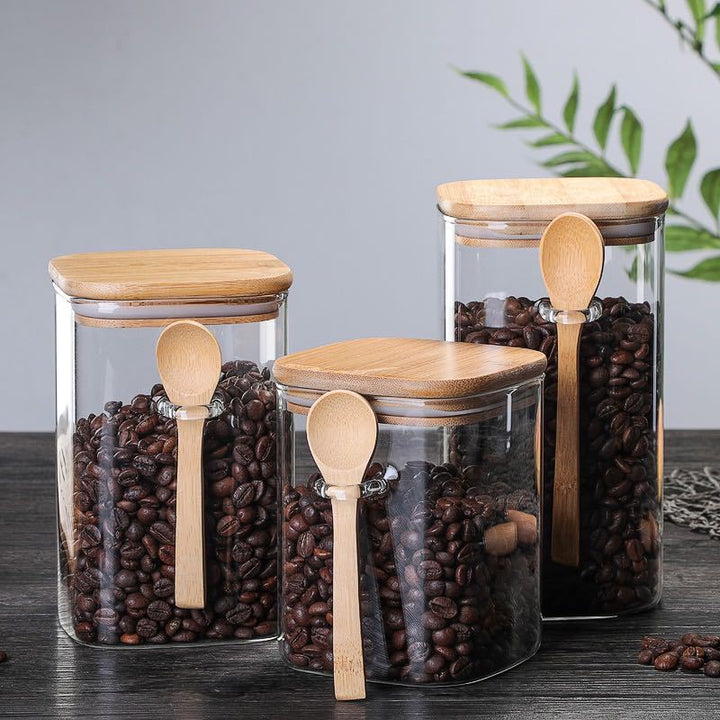 Luxury Glass Coffee Storage Jar with Wooden Lid and Spoon – 3 Sizes Available 1