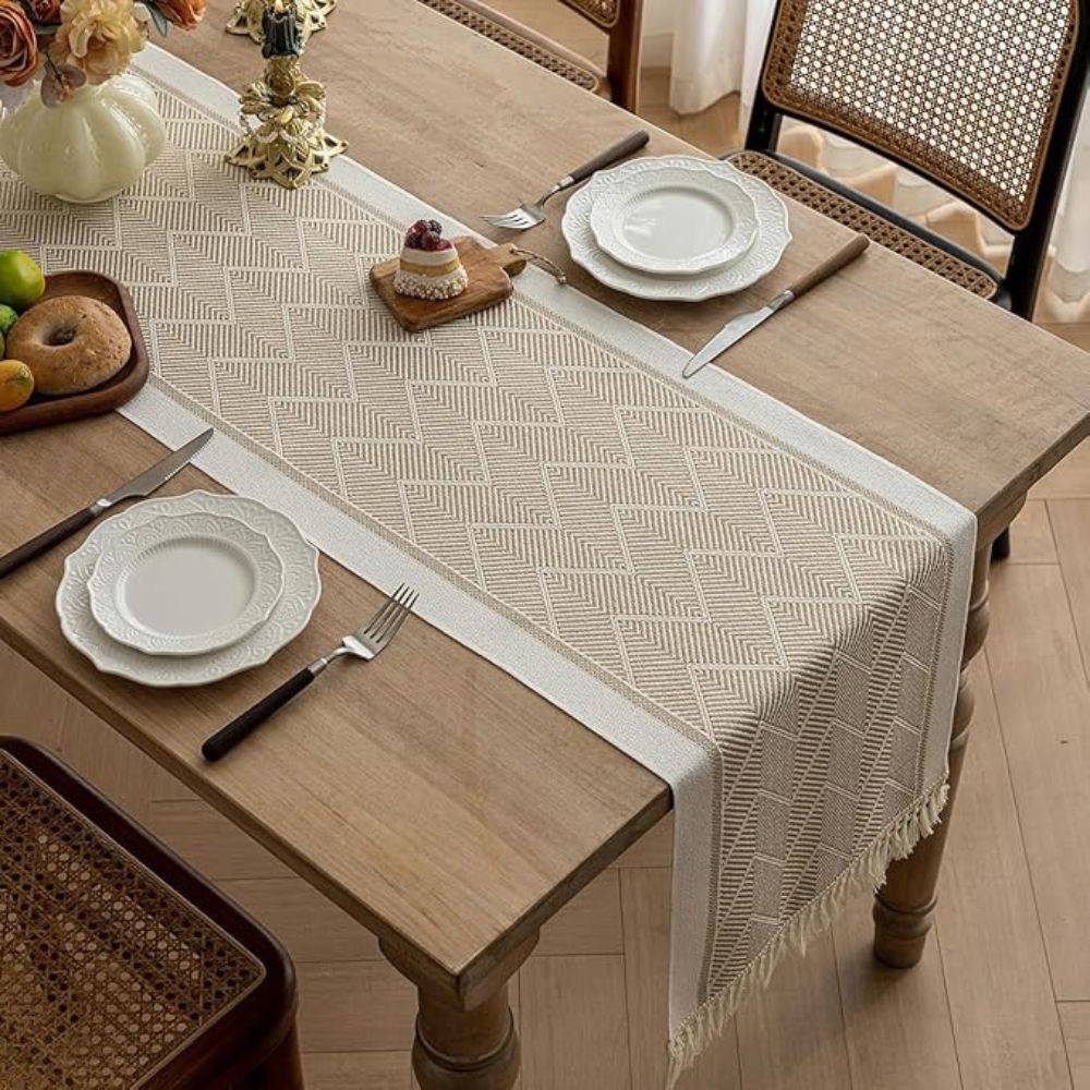 Luxury Woven Table Runner in Sandstone – Elegant Zigzag Design for Modern Interiors 0