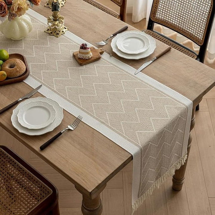 Luxury Woven Table Runner in Sandstone – Elegant Zigzag Design for Modern Interiors 0