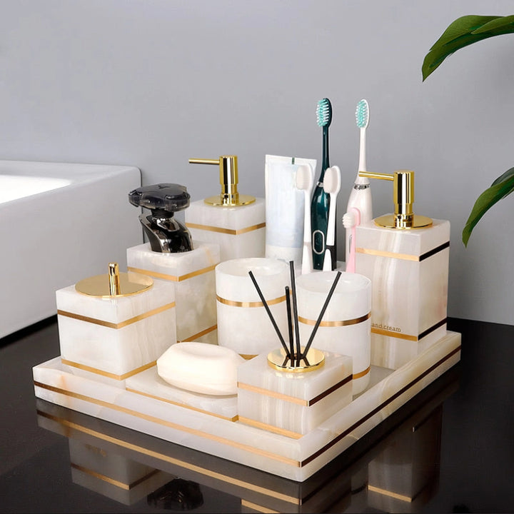 Marble-Look Bathroom Accessories Set with Gold Accents – Soap Dispenser, Toothbrush Holder, Dish, and Tray 1
