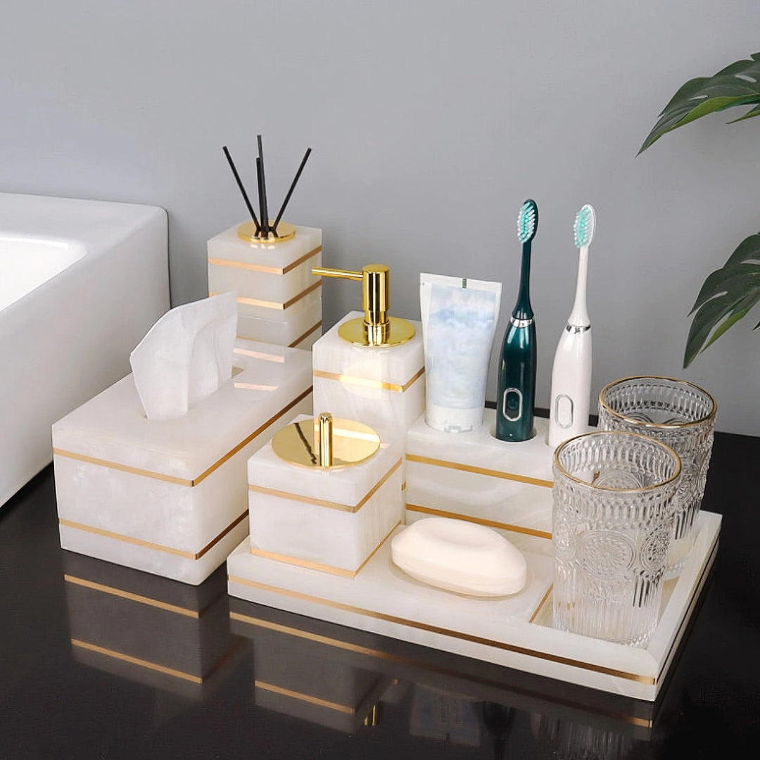 Marble-Look Bathroom Accessories Set with Gold Accents – Soap Dispenser, Toothbrush Holder, Dish, and Tray 2