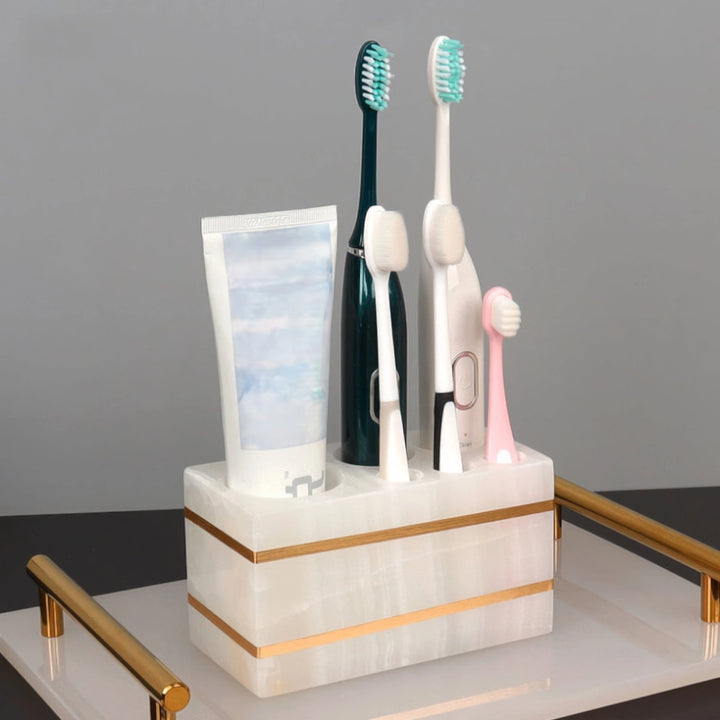 Marble-Look Bathroom Accessories Set with Gold Accents – Soap Dispenser, Toothbrush Holder, Dish, and Tray 3