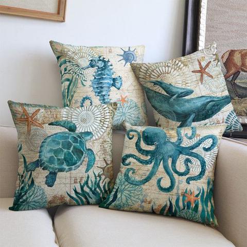 Marina Decorative Throw Pillow with Marine Life Embroidery – Soft 45x45 cm Cushion Cover for Couch 1