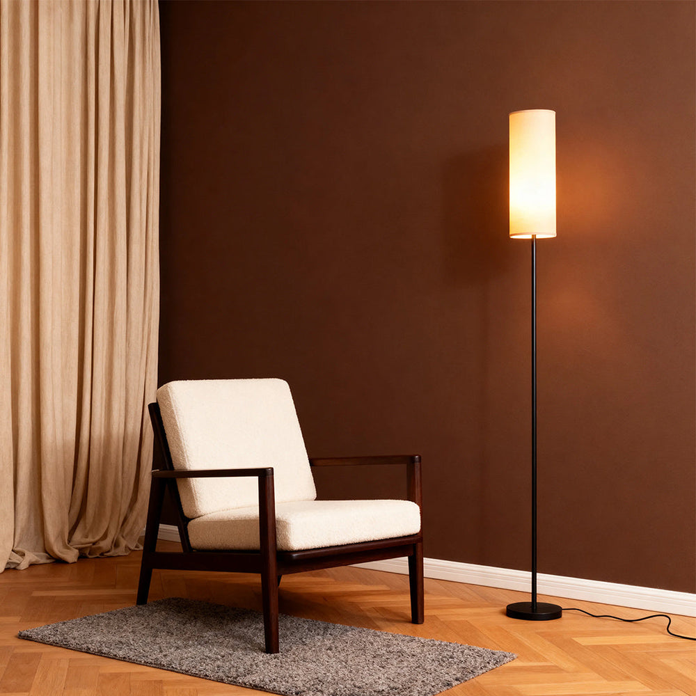 Mid-Century Black Wrought Iron Floor Lamp with Linen Shade and Tri-Color LED 2