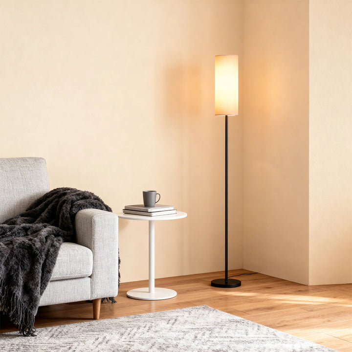 Mid-Century Black Wrought Iron Floor Lamp with Linen Shade and Tri-Color LED 4