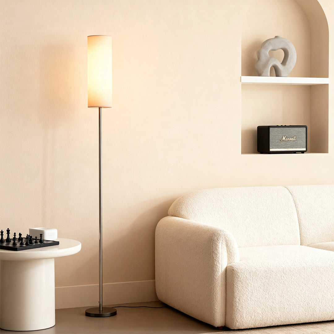 Mid-Century Black Wrought Iron Floor Lamp with Linen Shade and Tri-Color LED 5