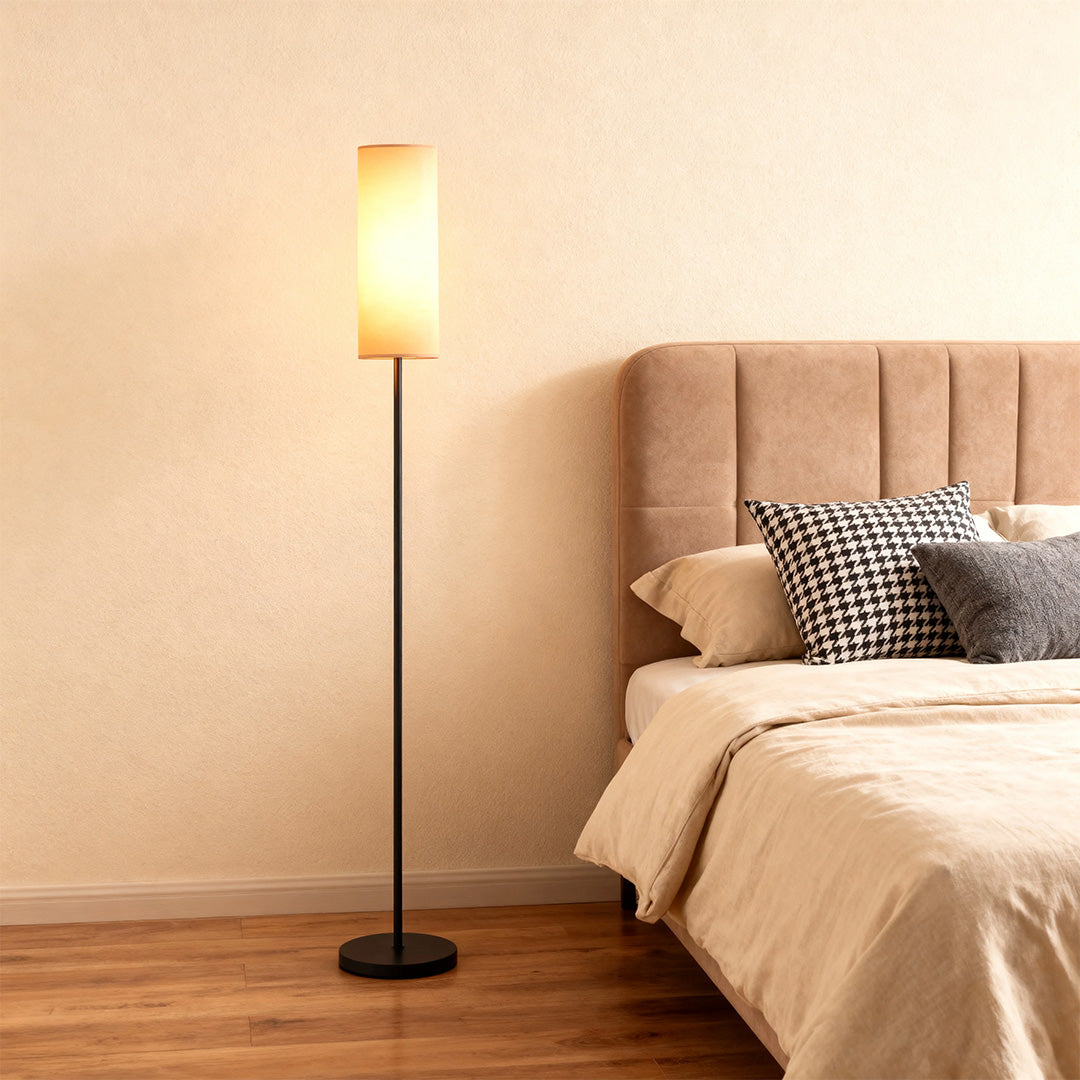 Mid-Century Black Wrought Iron Floor Lamp with Linen Shade and Tri-Color LED 6