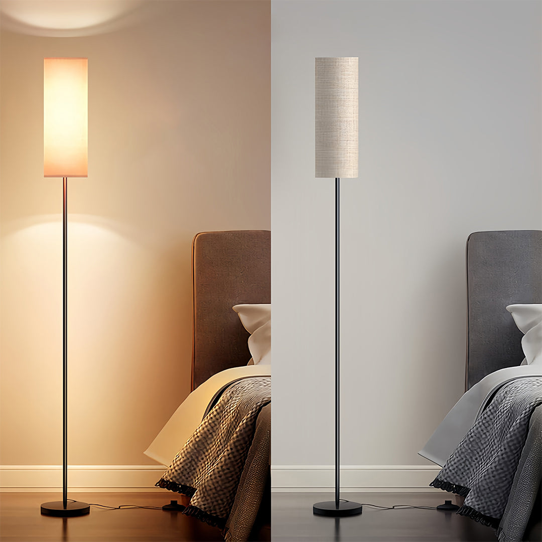 Mid-Century Black Wrought Iron Floor Lamp with Linen Shade and Tri-Color LED 7