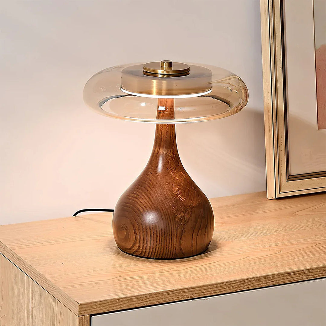 Mid-Century Table Lamp with Wood Base and Amber Glass Disc – Elegant Bedroom and Nightstand Lighting 0