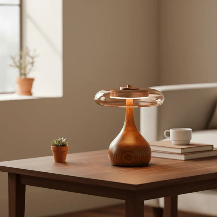 Mid-Century Table Lamp with Wood Base and Amber Glass Disc – Elegant Bedroom and Nightstand Lighting 1