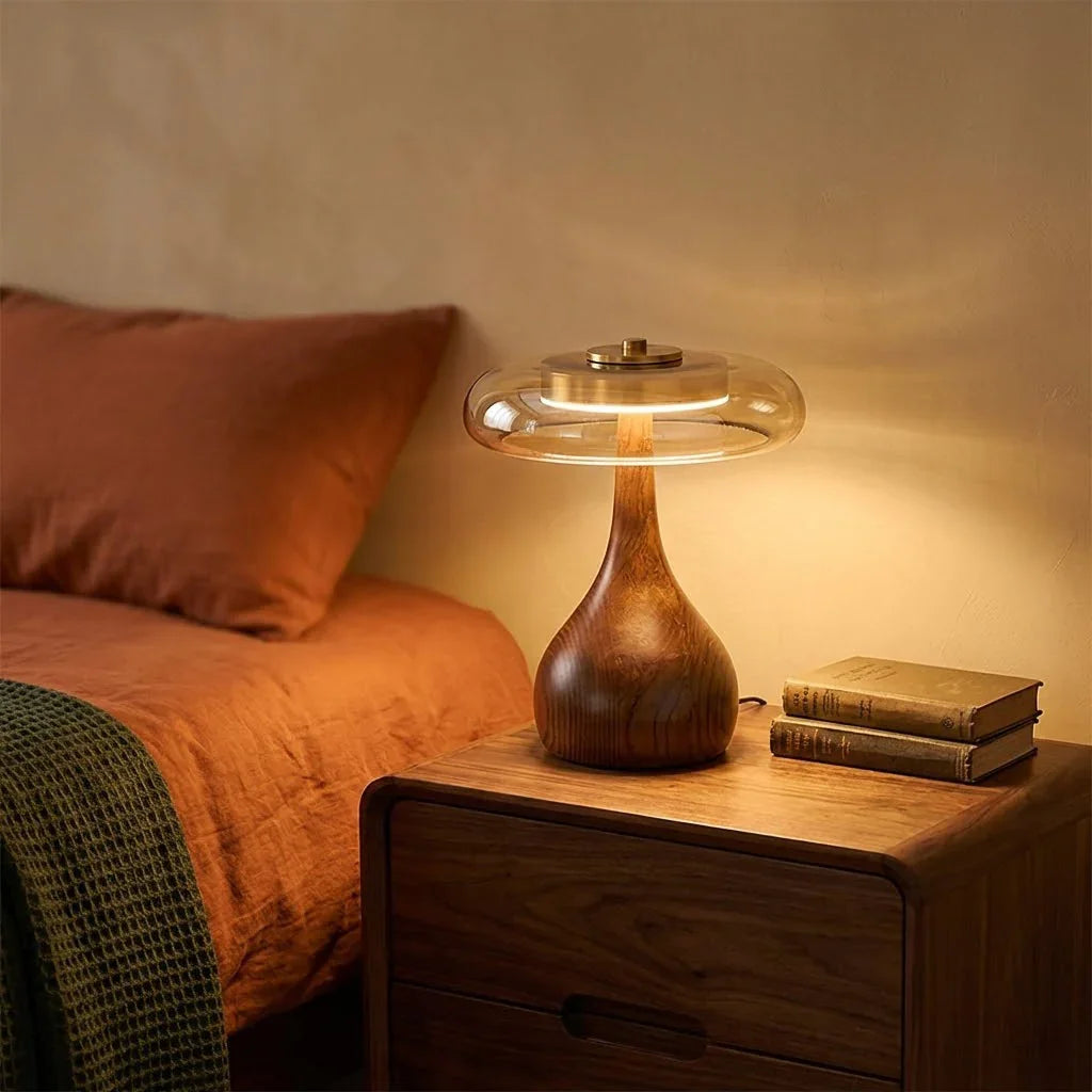 Mid-Century Table Lamp with Wood Base and Amber Glass Disc – Elegant Bedroom and Nightstand Lighting 3