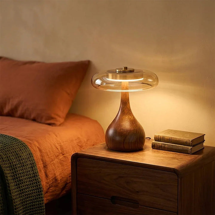 Mid-Century Table Lamp with Wood Base and Amber Glass Disc – Elegant Bedroom and Nightstand Lighting 3