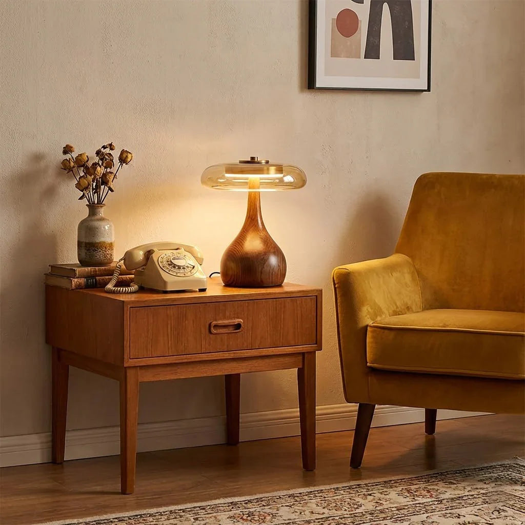 Mid-Century Table Lamp with Wood Base and Amber Glass Disc – Elegant Bedroom and Nightstand Lighting 4