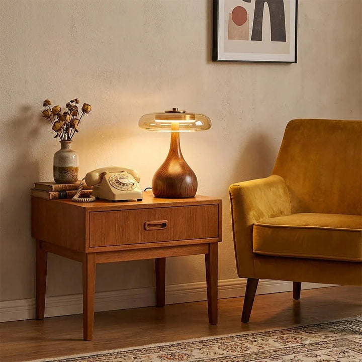 Mid-Century Table Lamp with Wood Base and Amber Glass Disc – Elegant Bedroom and Nightstand Lighting 4