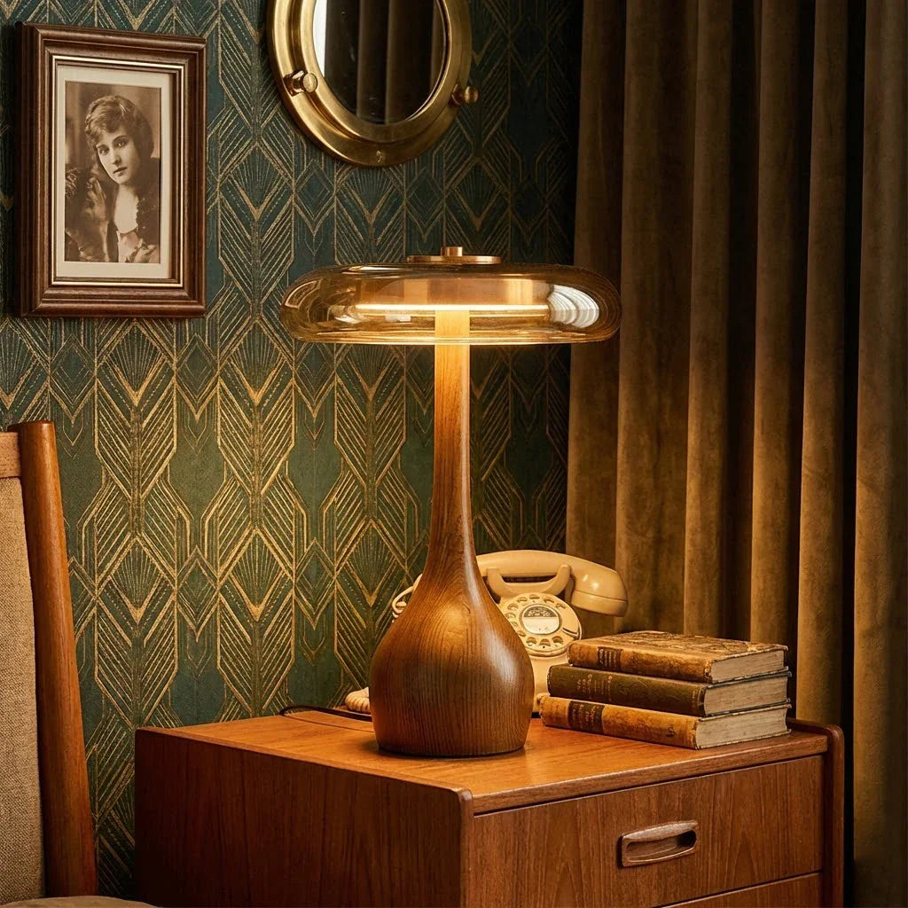 Mid-Century Table Lamp with Wood Base and Amber Glass Disc – Elegant Bedroom and Nightstand Lighting 5