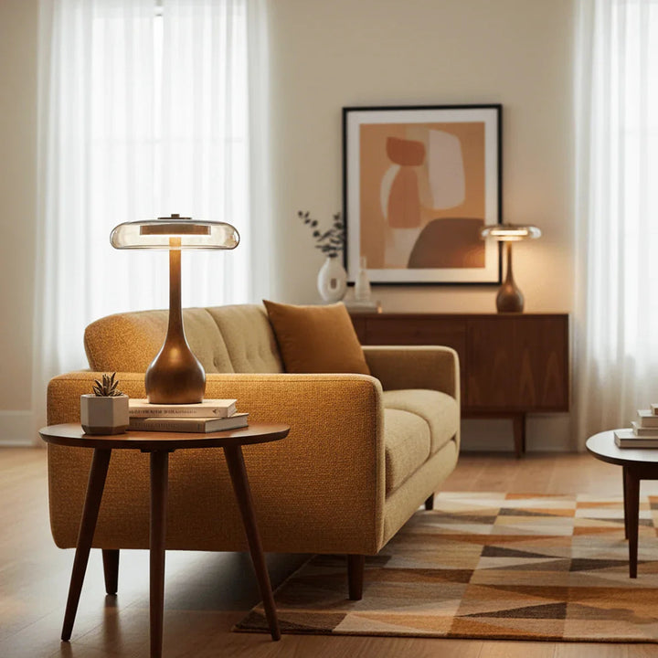 Mid-Century Table Lamp with Wood Base and Amber Glass Disc – Elegant Bedroom and Nightstand Lighting 7