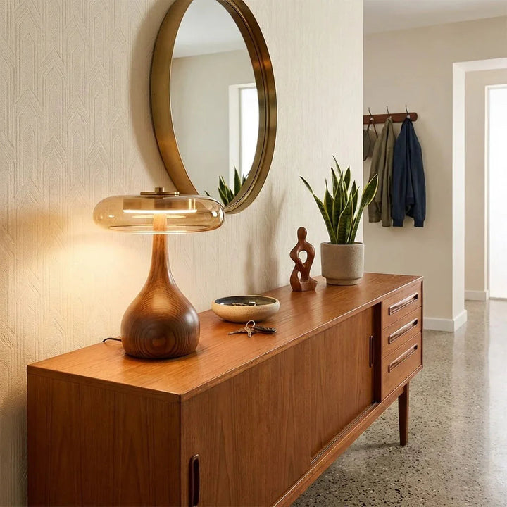 Mid-Century Table Lamp with Wood Base and Amber Glass Disc – Elegant Bedroom and Nightstand Lighting 8