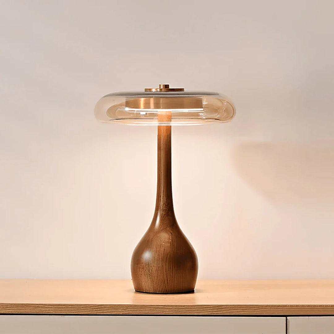 Mid-Century Table Lamp with Wood Base and Amber Glass Disc – Elegant Bedroom and Nightstand Lighting 9