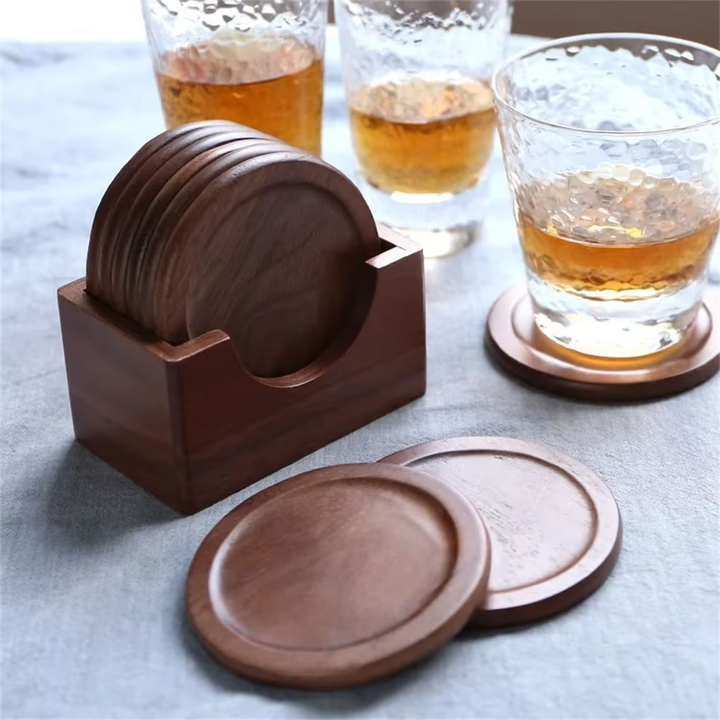 Minimalist Japanese Coaster Set – 6 Walnut and Beech Coasters with Holder for Home Decor 0