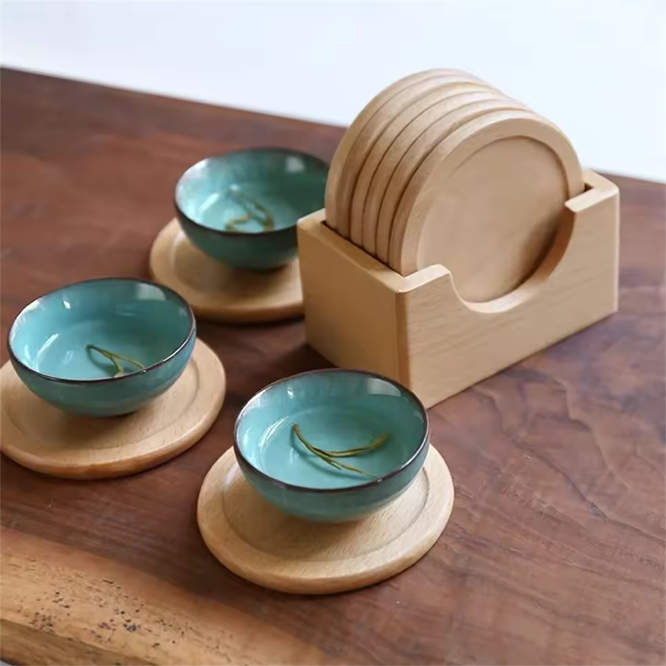 Minimalist Japanese Coaster Set – 6 Walnut and Beech Coasters with Holder for Home Decor 1