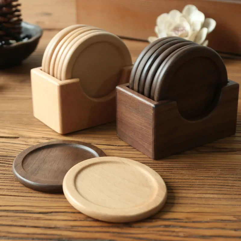 Minimalist Japanese Coaster Set – 6 Walnut and Beech Coasters with Holder for Home Decor 2