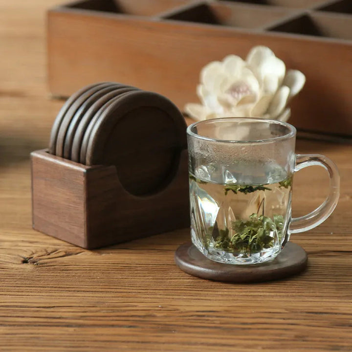 Minimalist Japanese Coaster Set – 6 Walnut and Beech Coasters with Holder for Home Decor 3