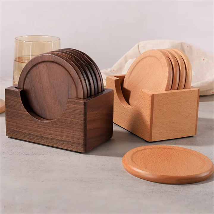Minimalist Japanese Coaster Set – 6 Walnut and Beech Coasters with Holder for Home Decor 7
