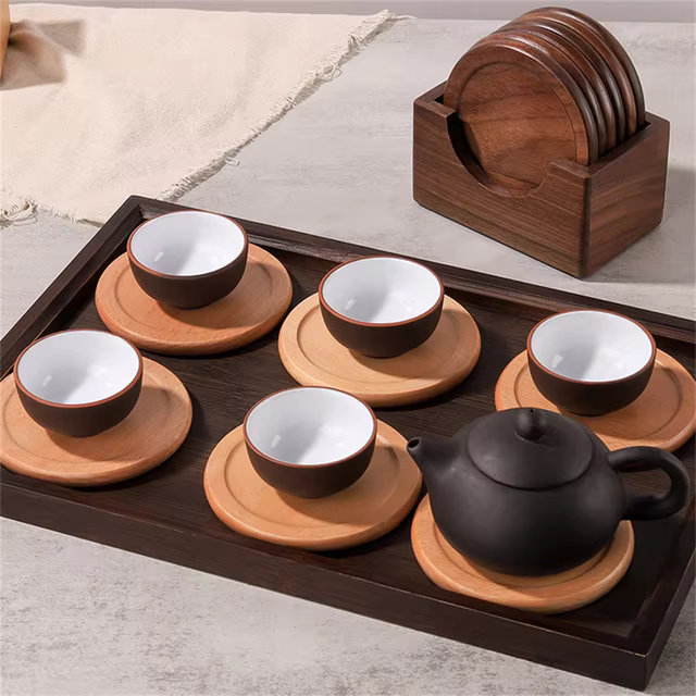 Minimalist Japanese Coaster Set – 6 Walnut and Beech Coasters with Holder for Home Decor 8