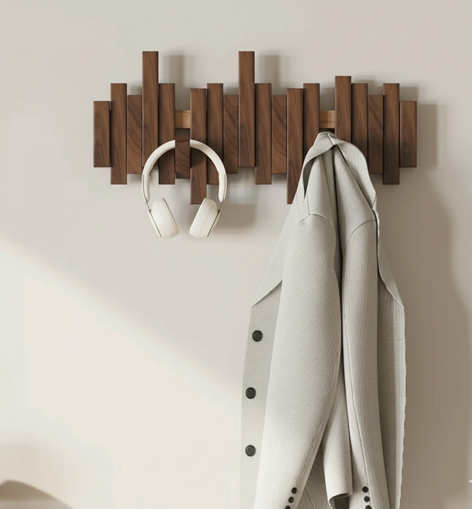 Minimalist Piano Coat Rack Wall Mounted in Walnut or Beech Wood with 5 Durable Hooks for Stylish Coat Storage 1