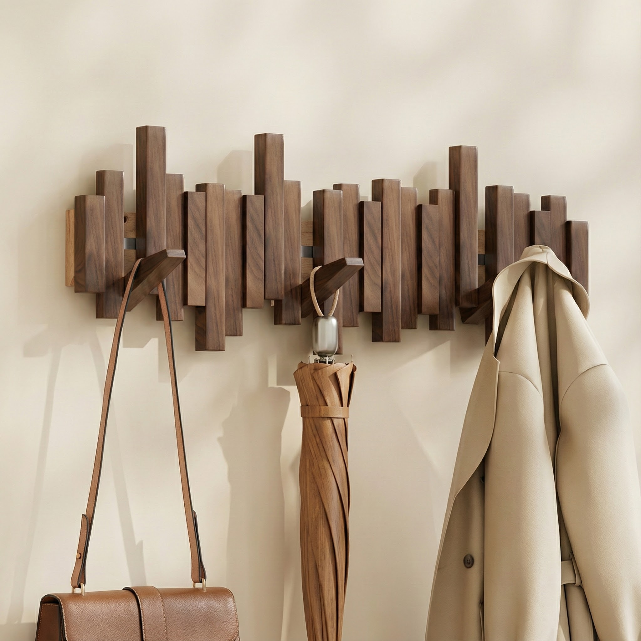 Minimalist Piano Coat Rack Wall Mounted in Walnut or Beech Wood with 5 Durable Hooks for Stylish Coat Storage 10