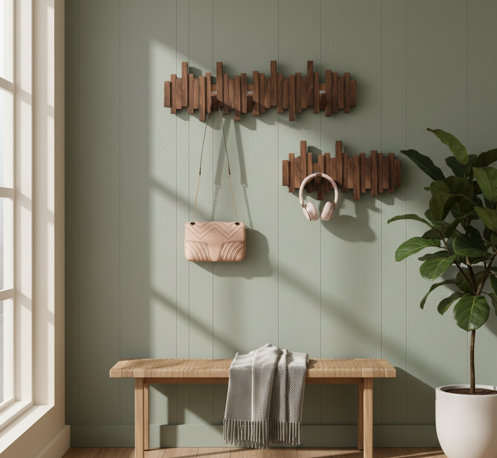 Minimalist Piano Coat Rack Wall Mounted in Walnut or Beech Wood with 5 Durable Hooks for Stylish Coat Storage 2