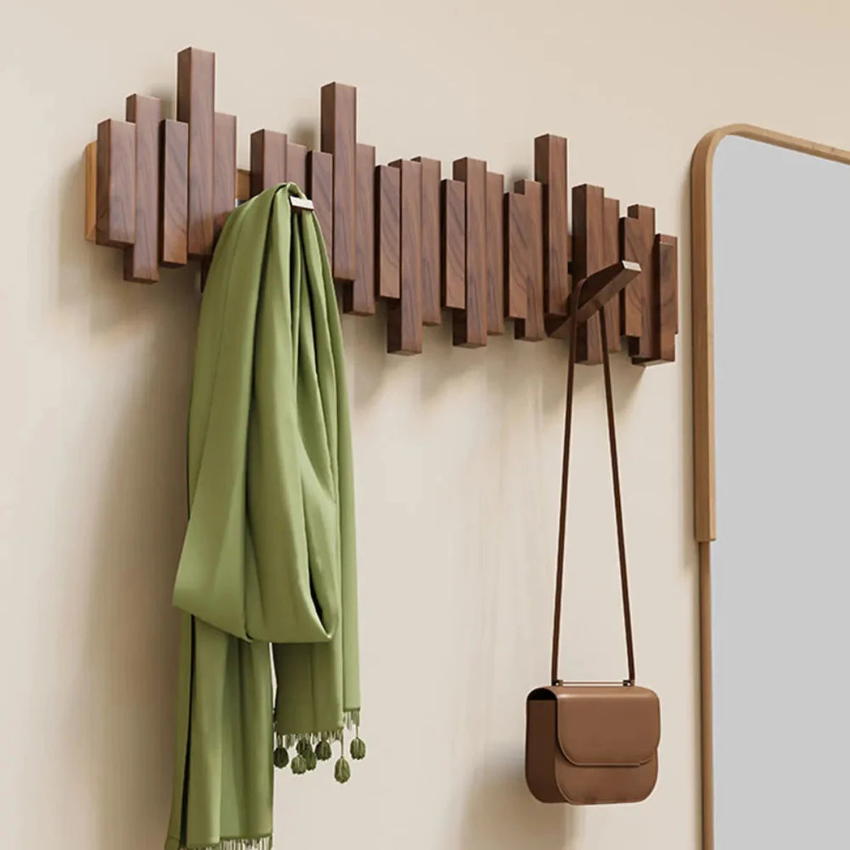 Minimalist Piano Coat Rack Wall Mounted in Walnut or Beech Wood with 5 Durable Hooks for Stylish Coat Storage 5