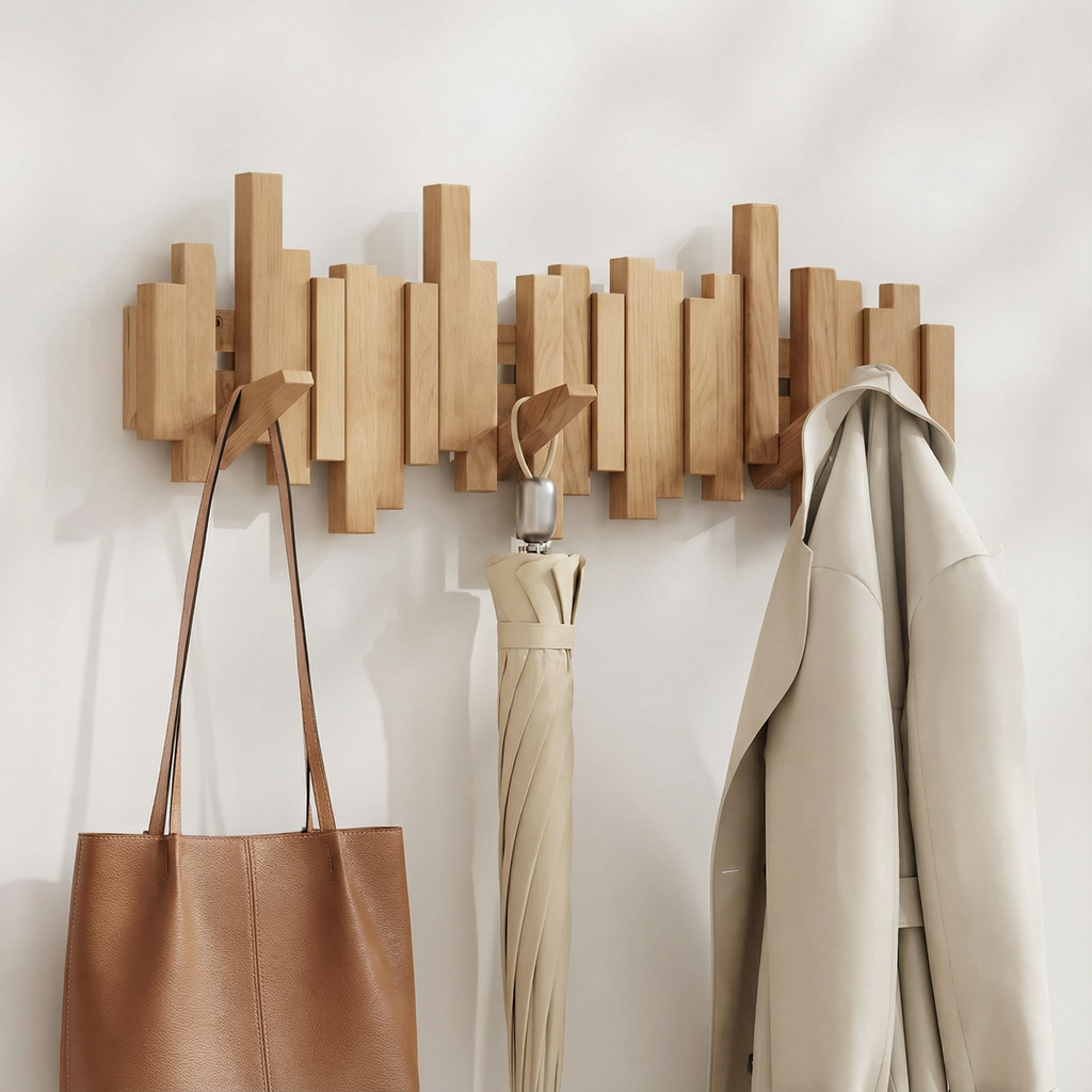 Minimalist Piano Coat Rack Wall Mounted in Walnut or Beech Wood with 5 Durable Hooks for Stylish Coat Storage 9