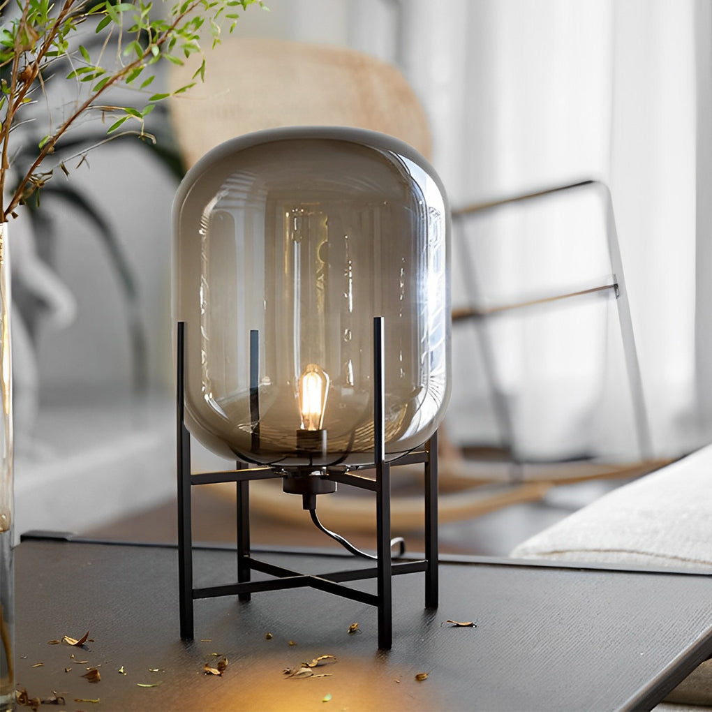 Modern Black Floor Lamp with Bubble Glass Shade – Industrial Standing Lamp for Living Room, Available in Smoked Gray and Amber 0