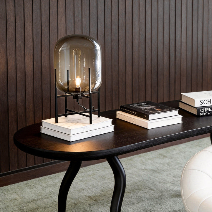 Modern Black Floor Lamp with Bubble Glass Shade – Industrial Standing Lamp for Living Room, Available in Smoked Gray and Amber 1