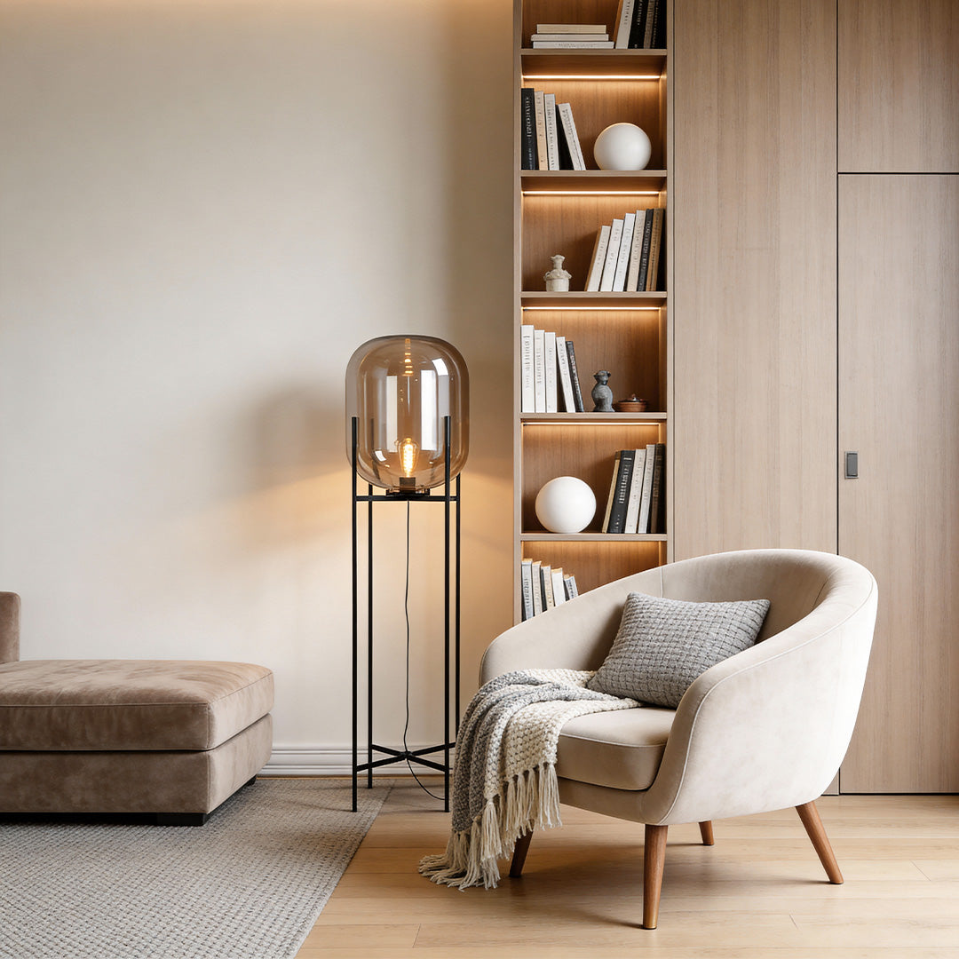 Modern Black Floor Lamp with Bubble Glass Shade – Industrial Standing Lamp for Living Room, Available in Smoked Gray and Amber 2