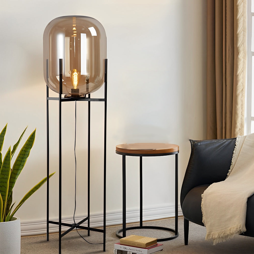 Modern Black Floor Lamp with Bubble Glass Shade – Industrial Standing Lamp for Living Room, Available in Smoked Gray and Amber 3