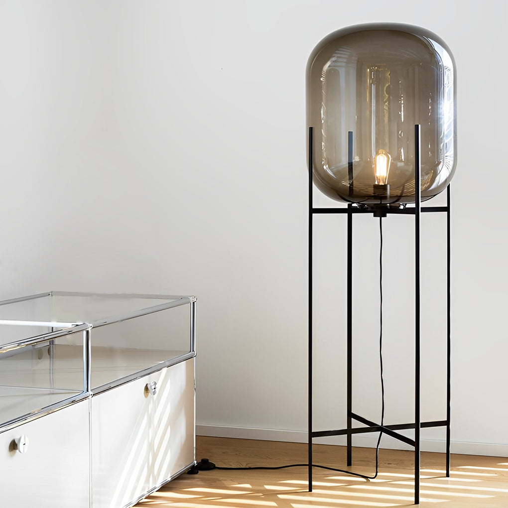 Modern Black Floor Lamp with Bubble Glass Shade – Industrial Standing Lamp for Living Room, Available in Smoked Gray and Amber 5