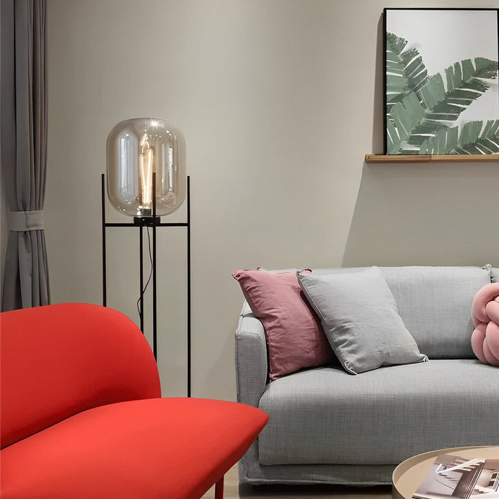 Modern Black Floor Lamp with Bubble Glass Shade – Industrial Standing Lamp for Living Room, Available in Smoked Gray and Amber 6