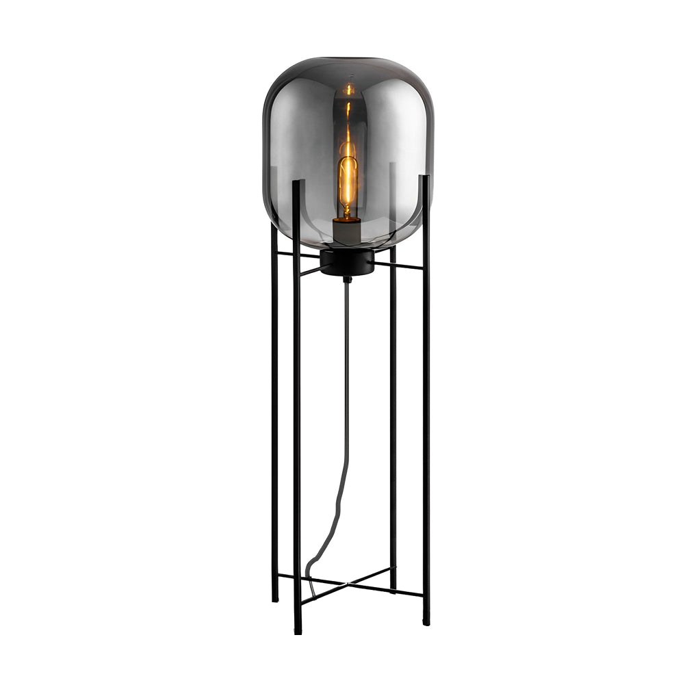 Modern Black Floor Lamp with Bubble Glass Shade – Industrial Standing Lamp for Living Room, Available in Smoked Gray and Amber 7