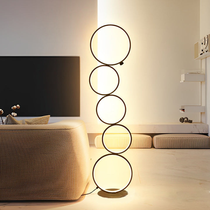 Modern Black Floor Lamp with Five-Ring Design and Touch Dimming – Stylish Standing Lamp for Living Room 0