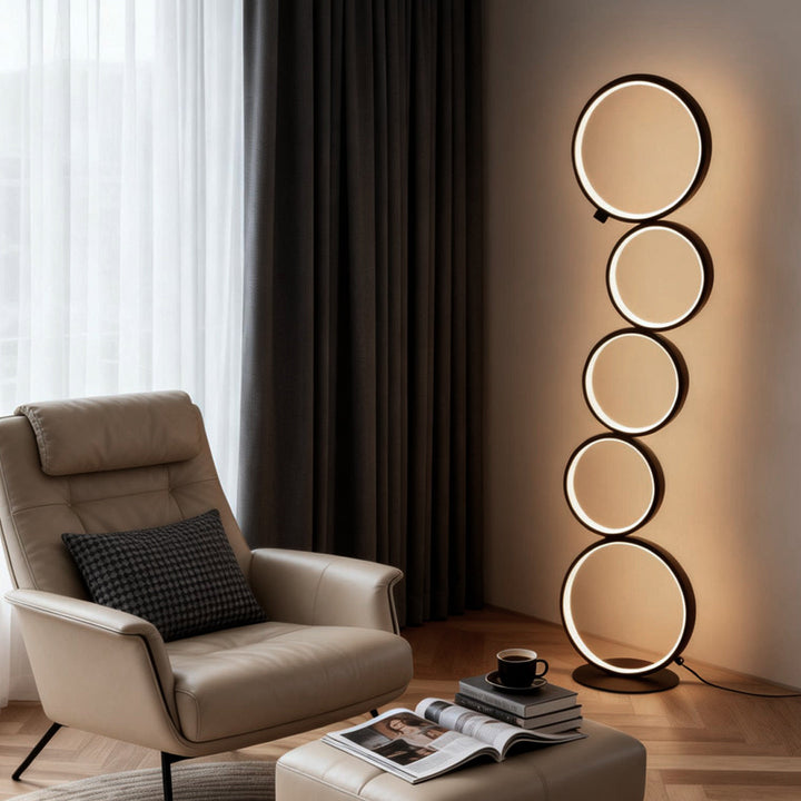 Modern Black Floor Lamp with Five-Ring Design and Touch Dimming – Stylish Standing Lamp for Living Room 1