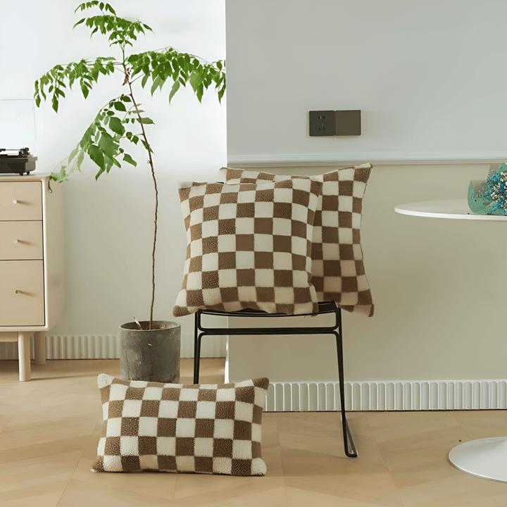 Modern Cushion Cover with Checkerboard Design in Matcha Green and Coffee Brown – Soft Fabric, 45x45 cm 10