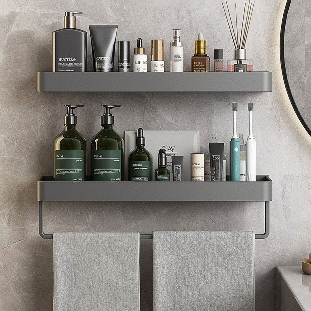 Modern Floating Bathroom Shelves with Self-Adhesive Mounting and Towel Holder – Stylish Storage Solution 1