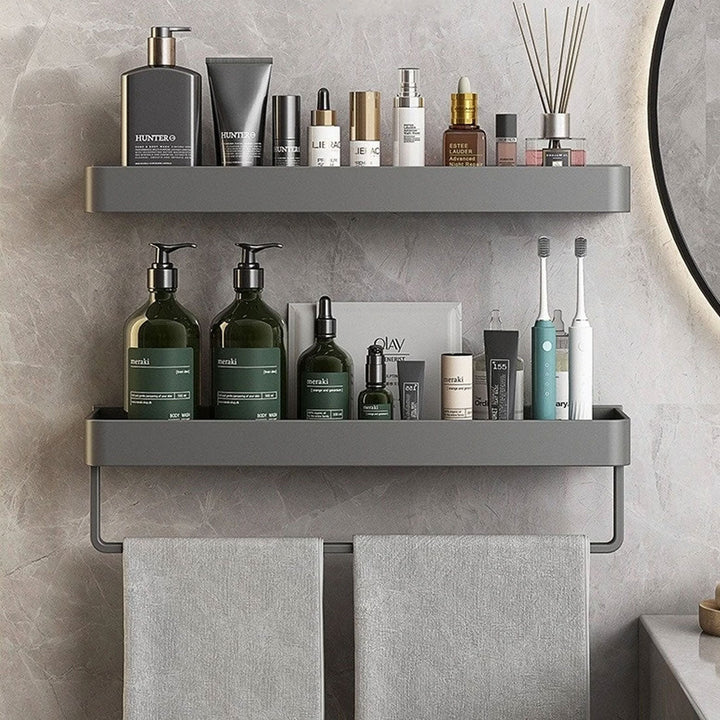 Modern Floating Bathroom Shelves with Self-Adhesive Mounting and Towel Holder – Stylish Storage Solution 1