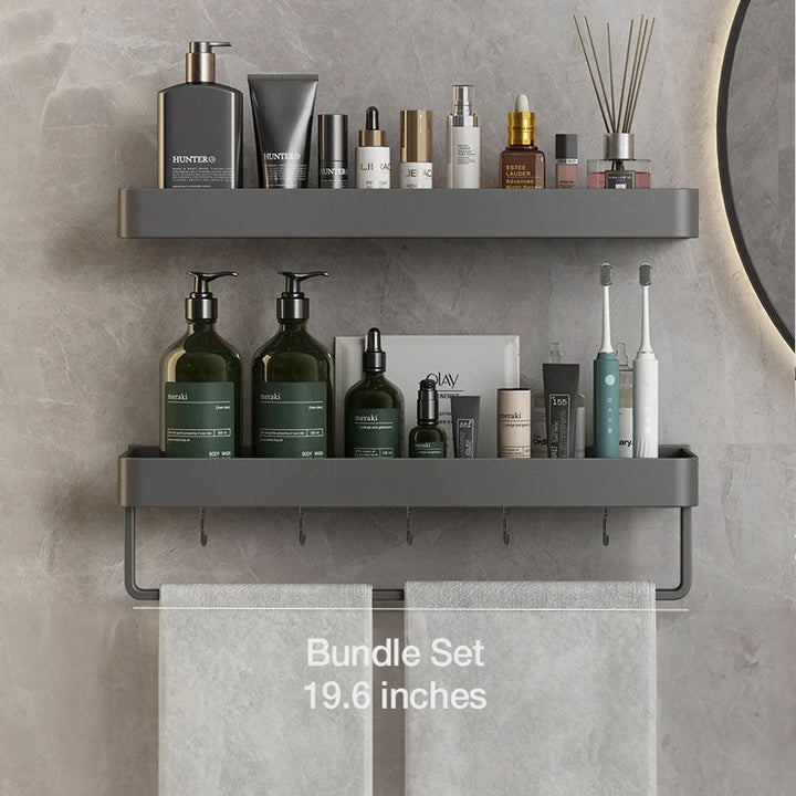 Modern Floating Bathroom Shelves with Self-Adhesive Mounting and Towel Holder – Stylish Storage Solution 11